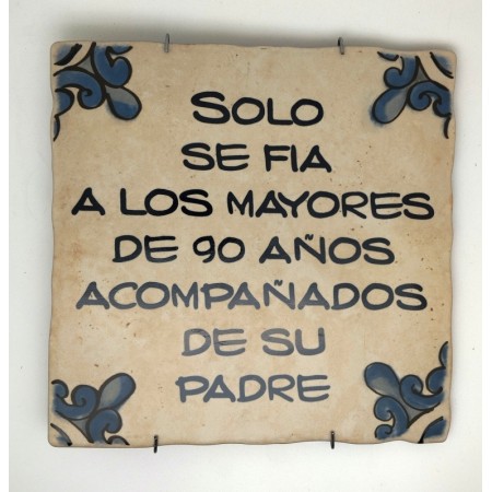 Baldosa de cerámica decorativa con frases y monumentos de Ayllón
