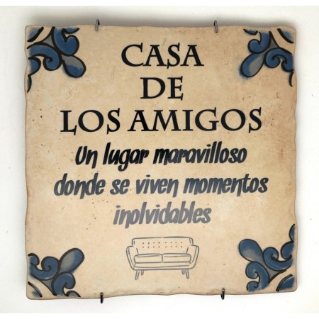 Baldosa de cerámica decorativa con frases y monumentos de Ayllón