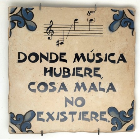 Baldosa de cerámica decorativa con frases y monumentos de Ayllón