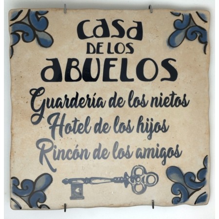 Baldosa de cerámica decorativa con frases y monumentos de Ayllón