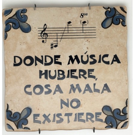 Baldosa de cerámica decorativa con frases y monumentos de Ayllón