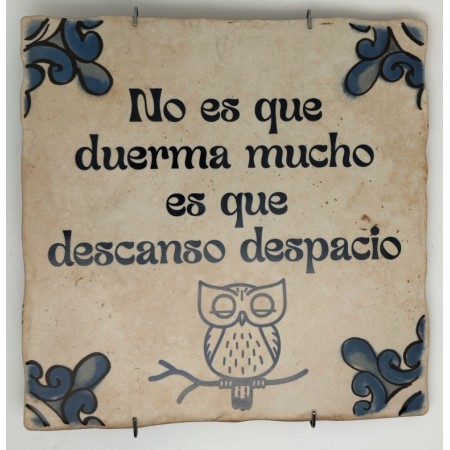 Baldosa de cerámica decorativa con frases y monumentos de Ayllón